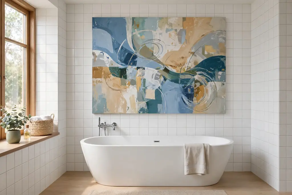 Large abstract painting above a bathtub in a bathroom with plain tile.