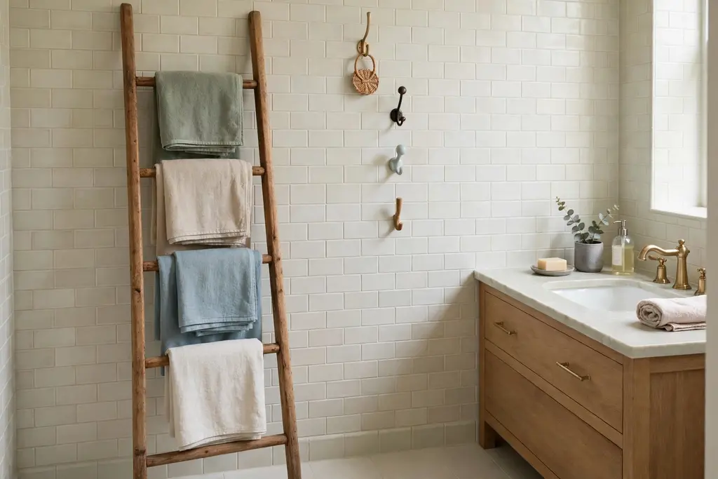Wooden ladder towel rail with varied wall hooks beside a bathroom vanity.