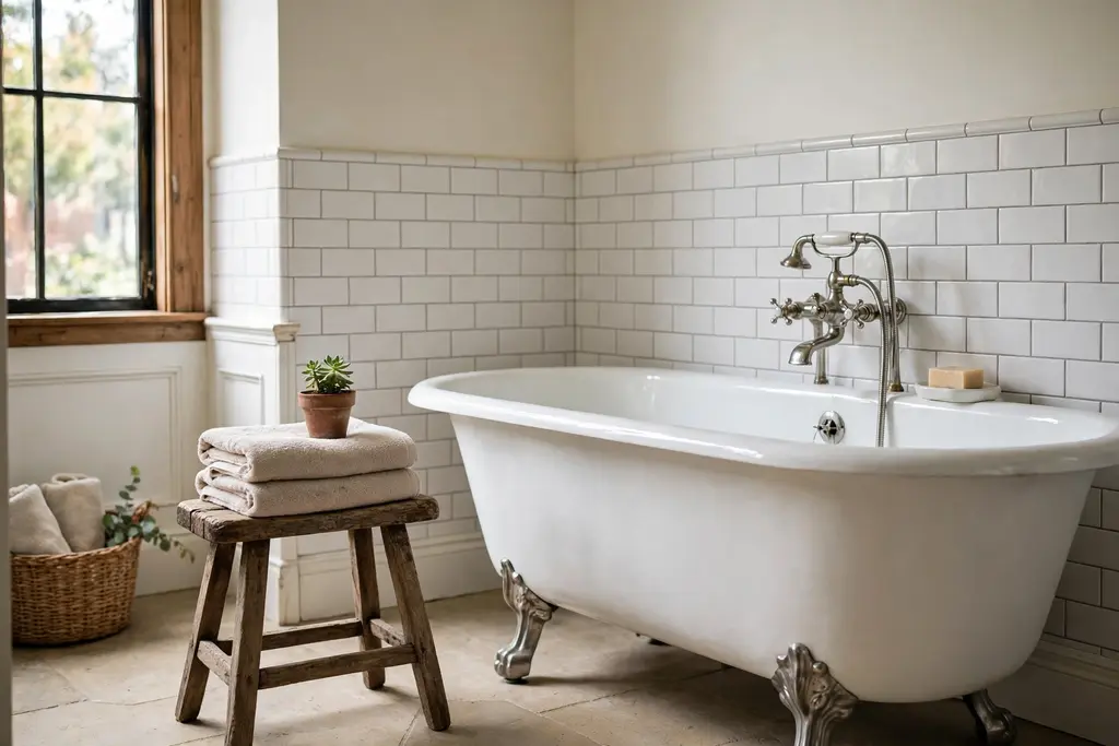 Vintage wooden stool holding a towel and a plant beside a bathtub.
