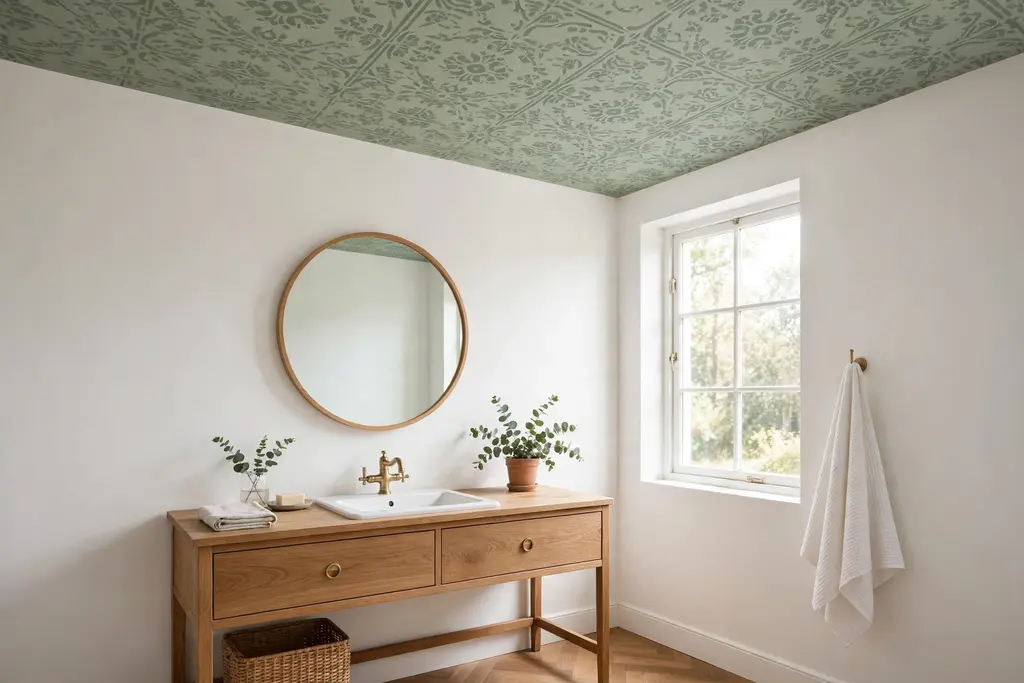 Bathroom with a painted patterned ceiling and plain white walls.