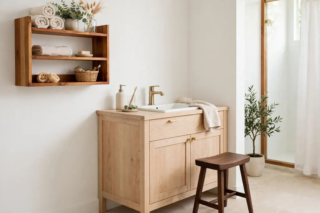 Bathroom with mixed wood tones in a vanity, stool, and open shelf.