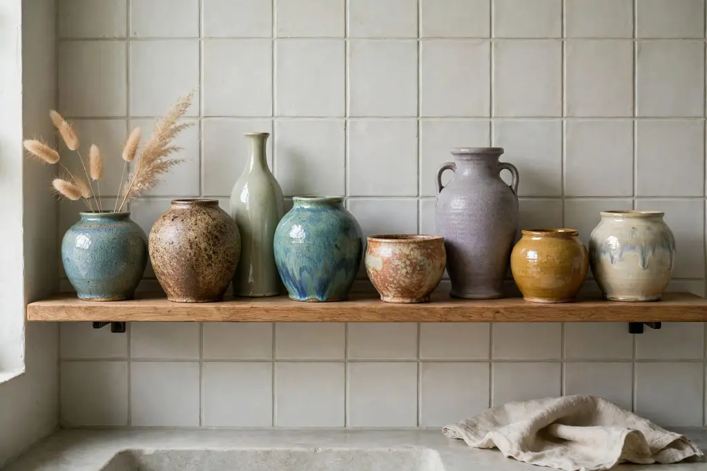 Open shelf displaying collected ceramic pots and vases in a bathroom.