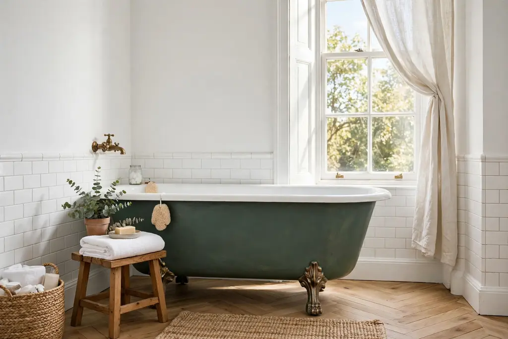 Clawfoot tub with a painted exterior in a deep color beside a window.