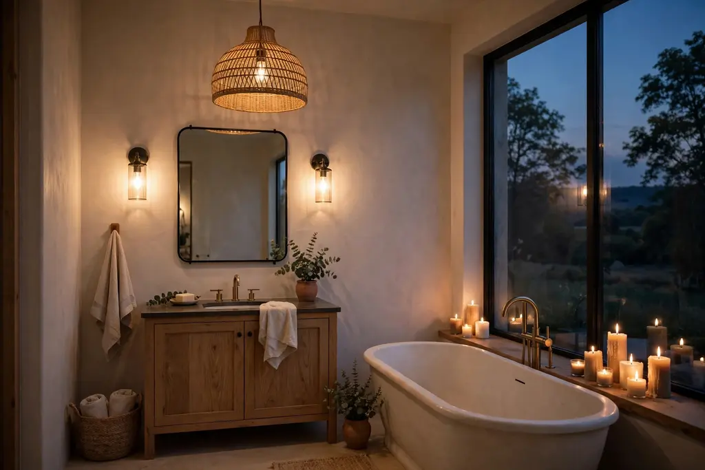 Bathroom with a pendant light, wall sconces, and candles beside a tub.
