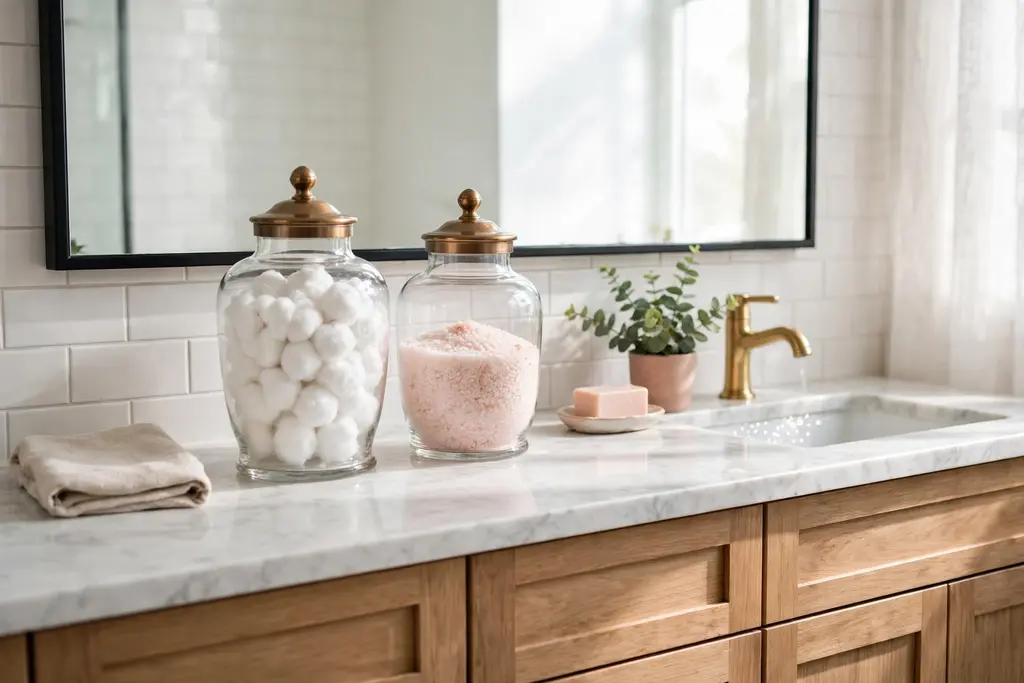 Glass apothecary jars holding cotton balls and bath salts on a vanity.