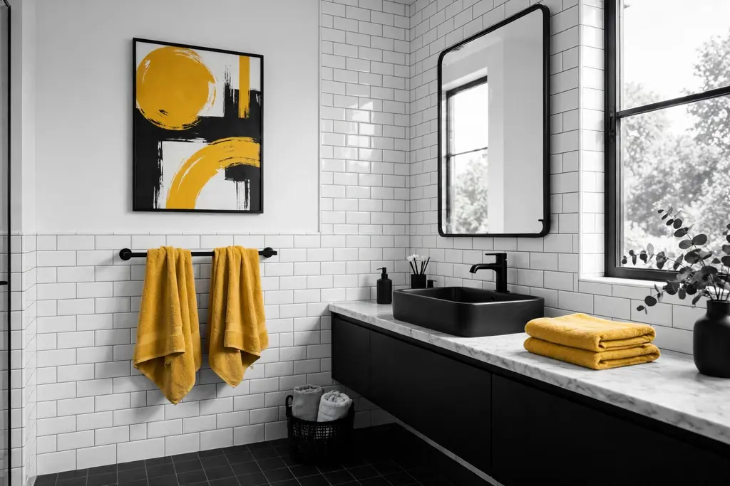Black and white bathroom with one strong mustard yellow accent in towels and art.