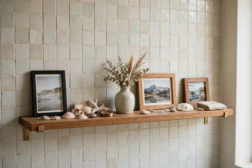 Bathroom shelf displaying small travel finds, shells, and framed photos.