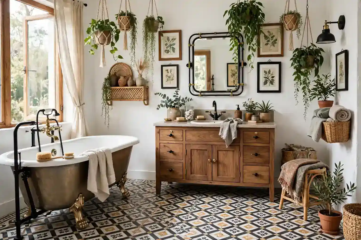 Wide eclectic bathroom with patterned tile floor, vintage tub, mixed metals, plants, and framed art in daylight.