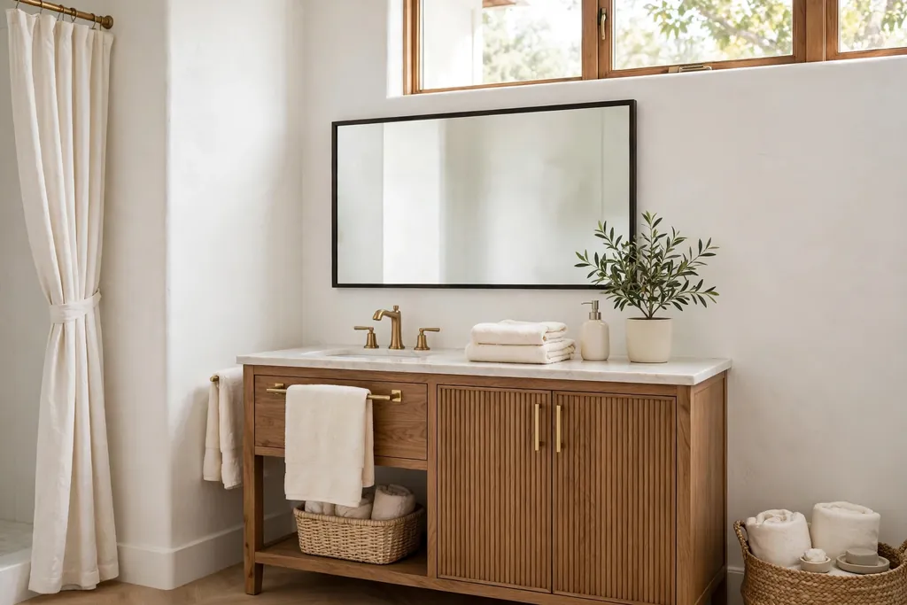 Elegant bathroom with soft white walls, a warm wood vanity, cream towels, and a small plant.