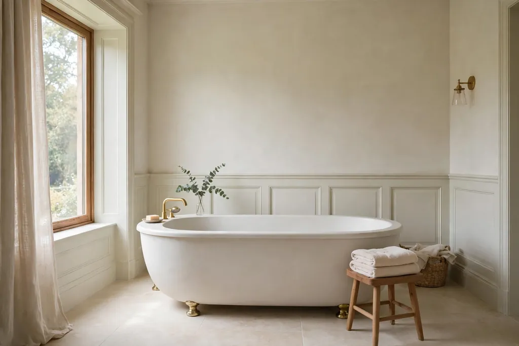 Elegant bathroom with a freestanding oval bathtub, a small stool, and a folded towel in soft daylight.