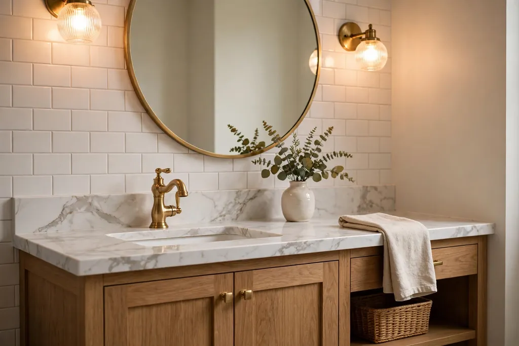 Elegant bathroom vanity with a white marble look top, a brass faucet, a round mirror, and a small vase.