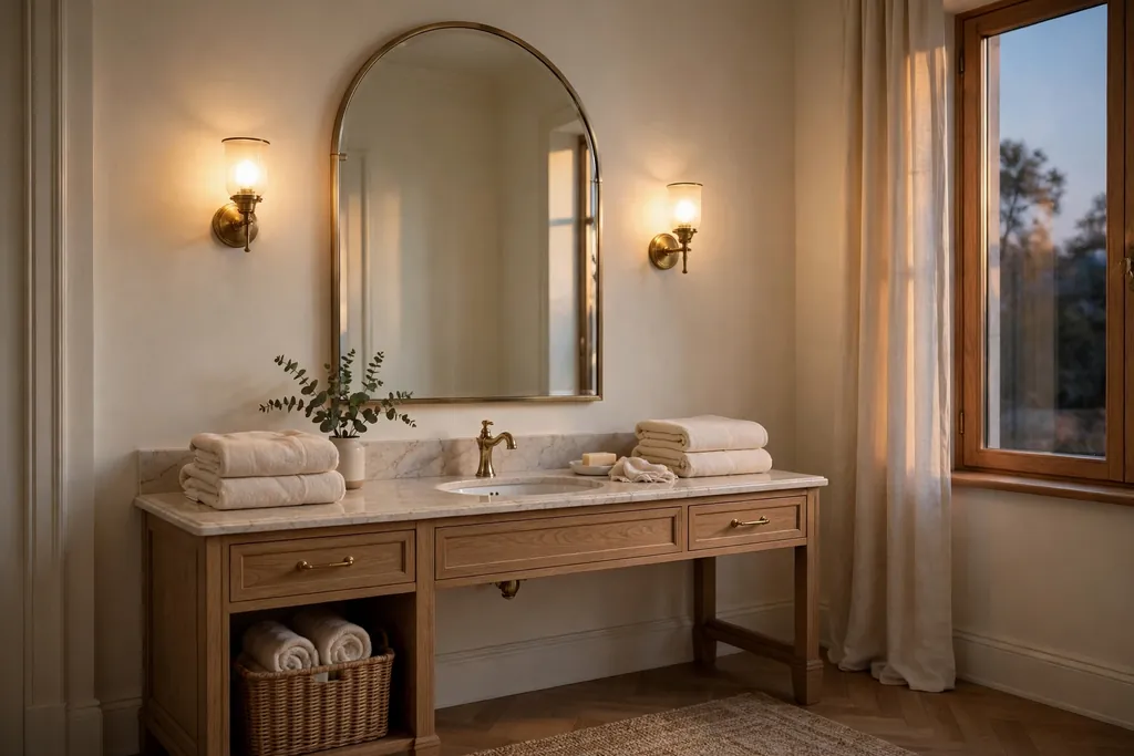 Elegant bathroom with an arched mirror above a vanity and two warm wall sconces.