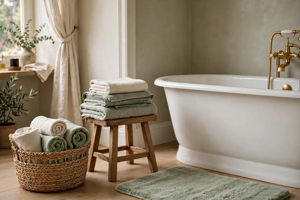 Elegant bathroom with layered cream and sage linen towels, a woven basket, and a soft bath mat.