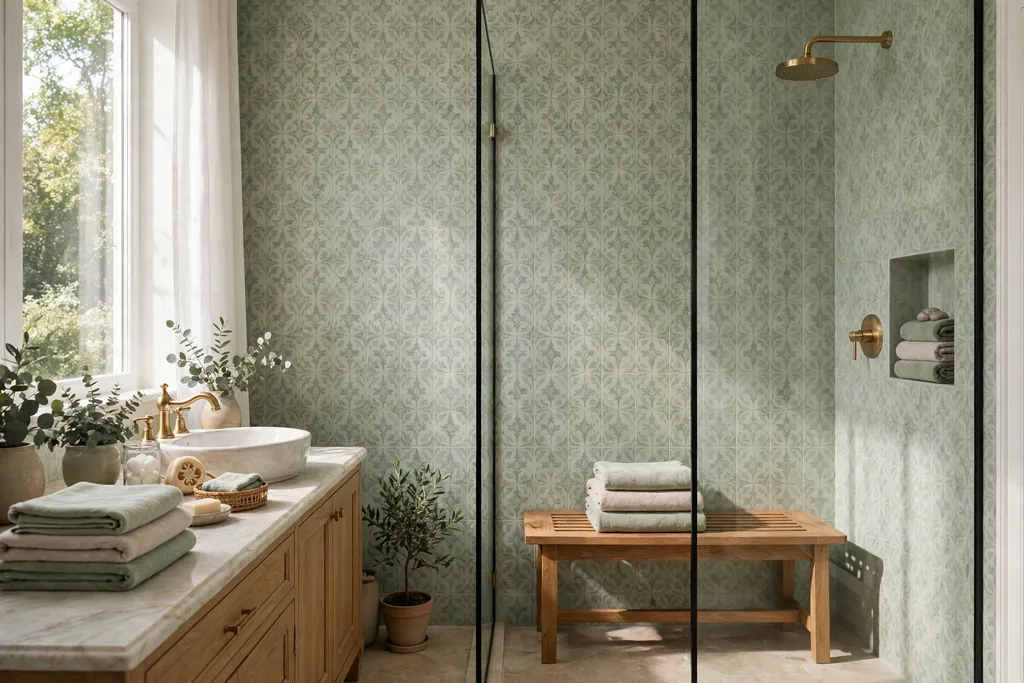Elegant bathroom with a glass walk-in shower, soft sage patterned wall tile, a wooden bench, and folded towels.
