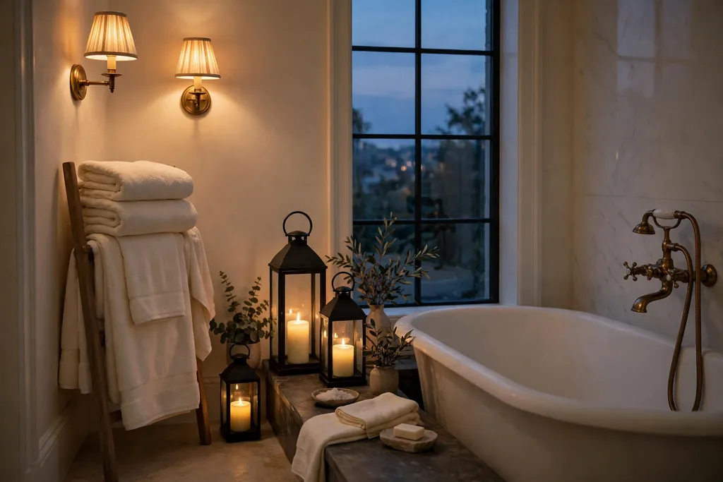 Elegant bathroom corner with warm lamps and flameless candles in lanterns beside a bathtub.