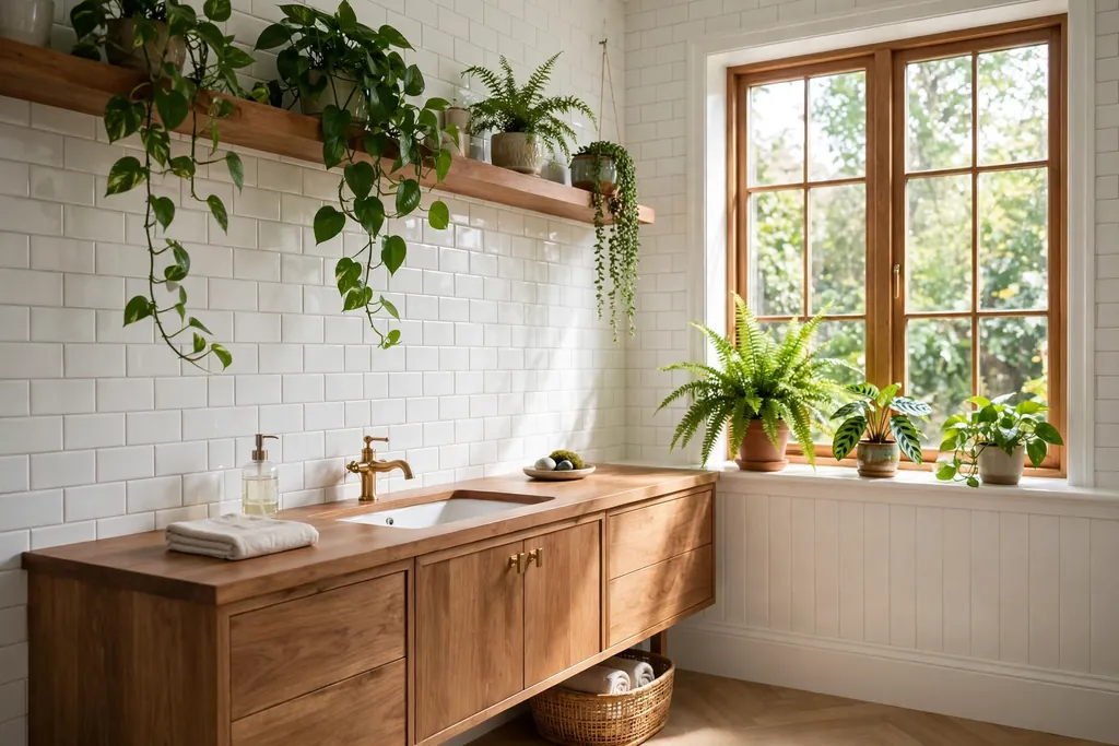 Elegant bathroom with humidity loving green plants on a high shelf and windowsill beside white tile.