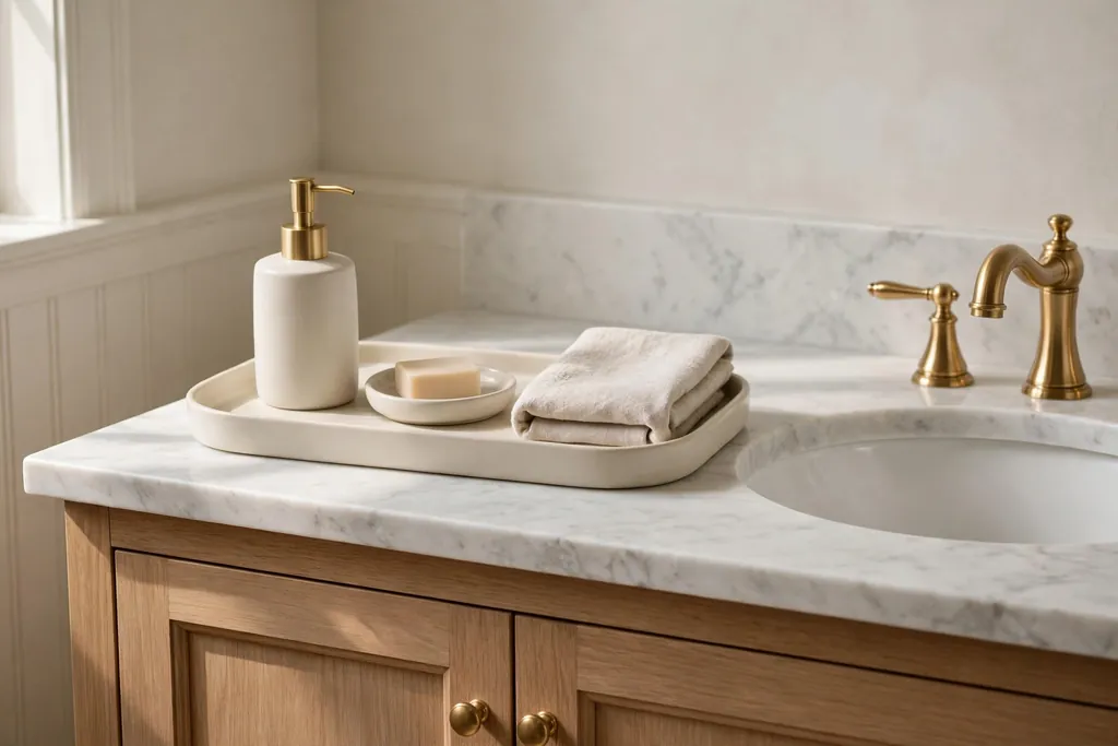 Elegant bathroom vanity with a ceramic tray holding a soap dispenser, a small dish, and a folded hand towel.