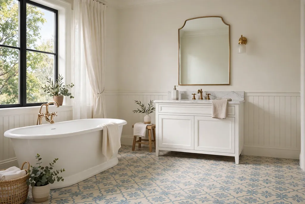 Elegant bathroom with a soft patterned floor tile in cream and muted blue, a white vanity, and a freestanding tub.