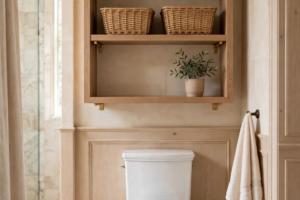 Elegant bathroom with open wooden shelves holding baskets and a small plant above a toilet.