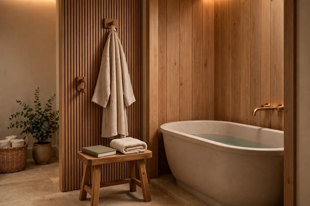 Elegant bathroom bath nook with a wooden stool, a robe on a hook, and a folded towel beside a bathtub.