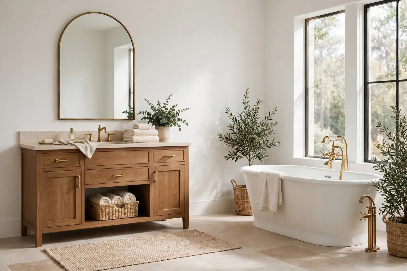 Wide elegant bathroom with a warm wood vanity, a freestanding bathtub, an arched mirror, and soft daylight.