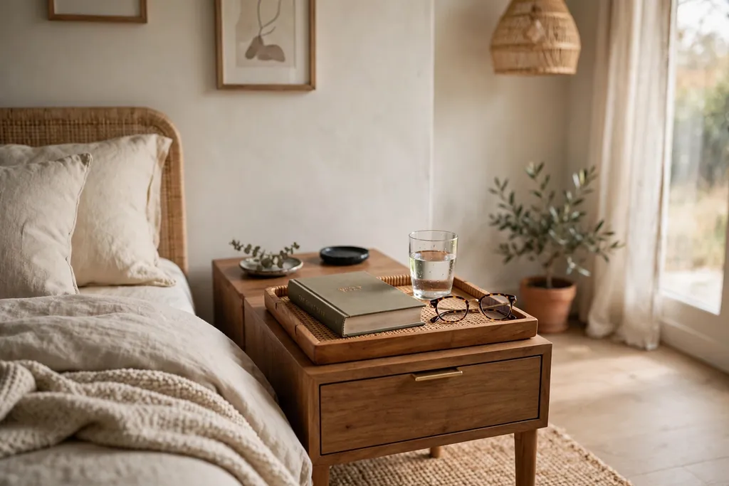 Small tray on a nightstand holding a book, a glass of water and glasses.