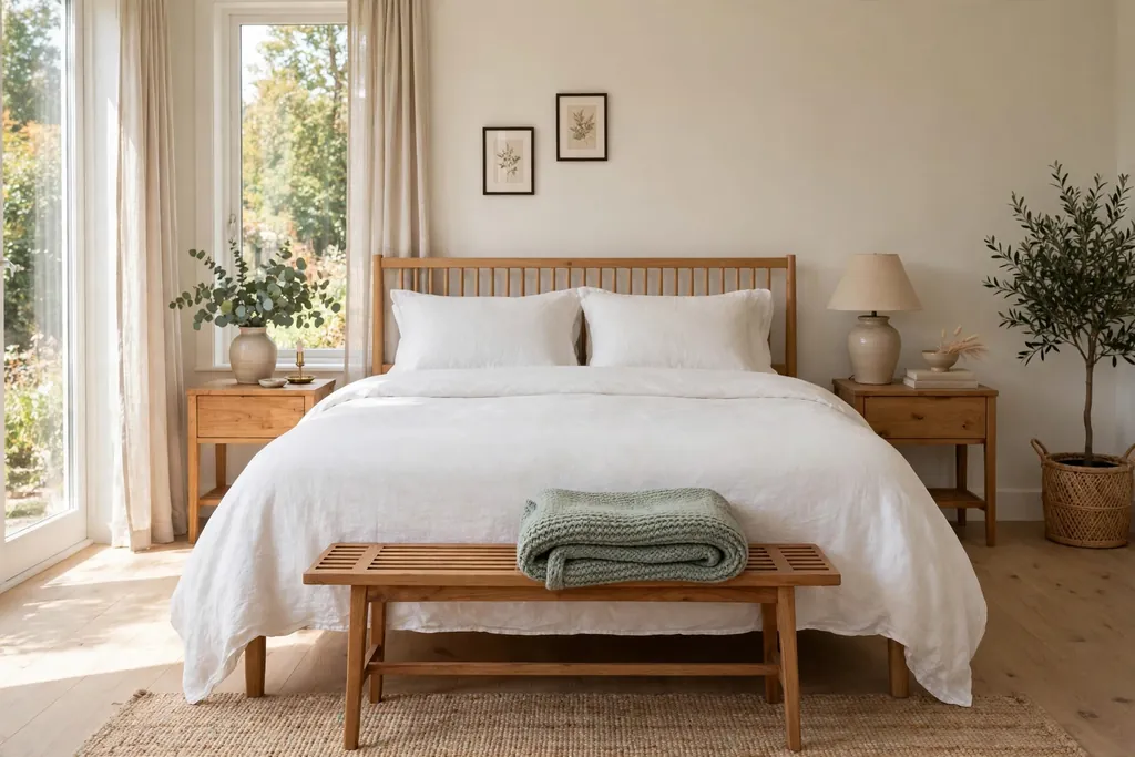Narrow wood bench with a folded throw at the foot of a bed.