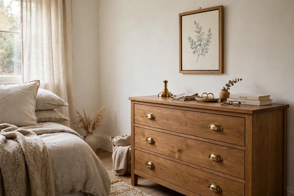 Bedroom detail with small brass lamp base, drawer pulls and a framed print.