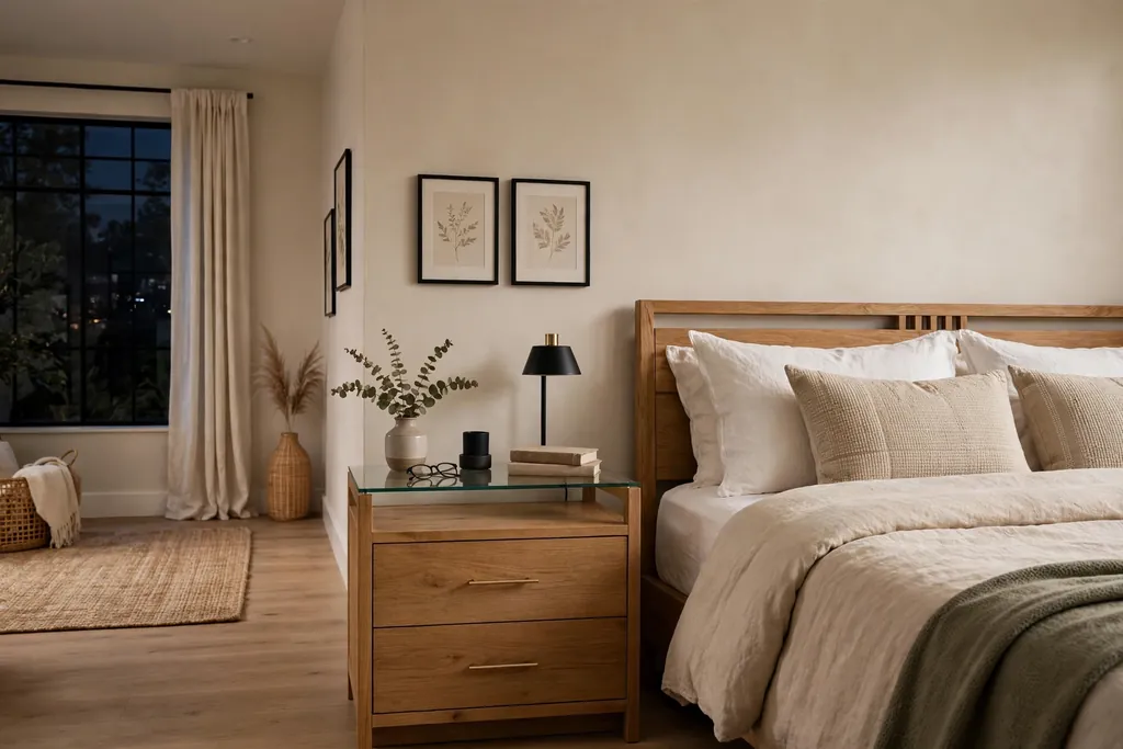 Bedroom nightstand with closed drawers and a clear top beside a bed.