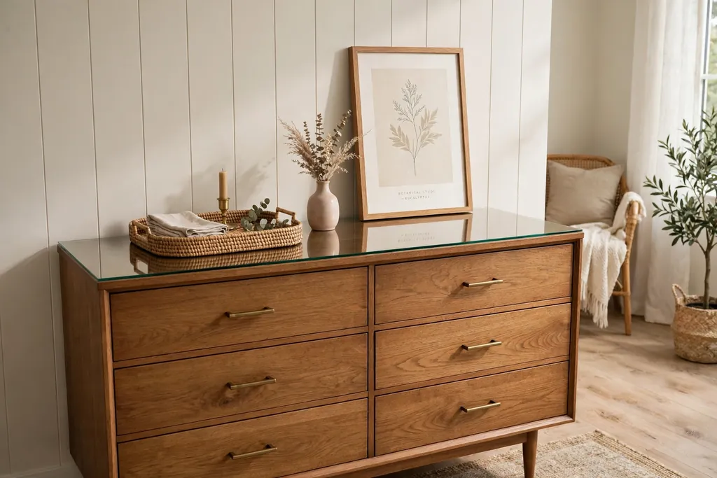 Dresser styled with a tray, a small vase and a framed print on a clear top.