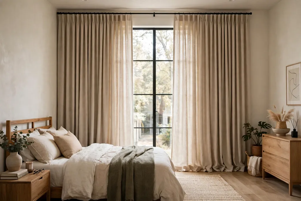 Floor length bedroom curtains hung high and wide beside a tall window.