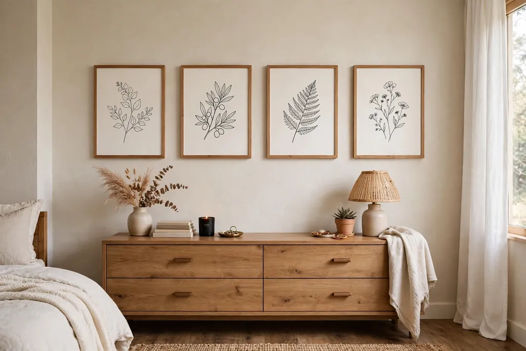 Matching framed art prints hung in a row on a bedroom wall.