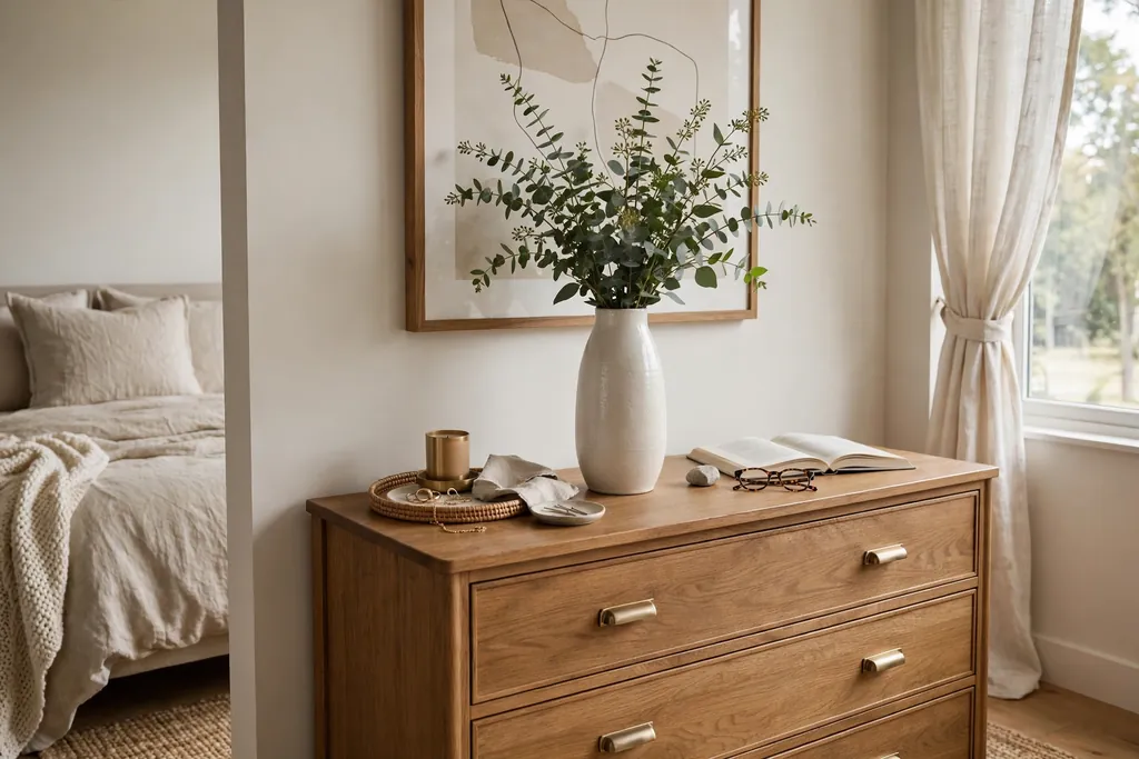 Single vase with fresh green stems on a bedroom dresser.