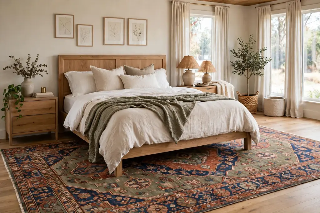 Large rug placed under the lower half of a bed and extending out on both sides.