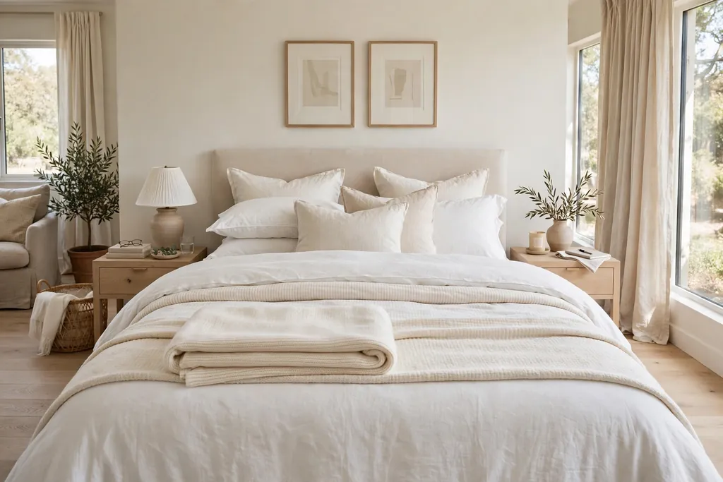 Bed with layered white and cream bedding and a folded blanket across the lower half.