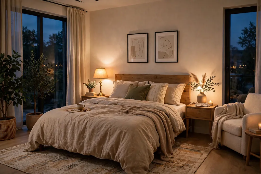 Bedroom in the evening lit by warm bedside lamps with soft light.