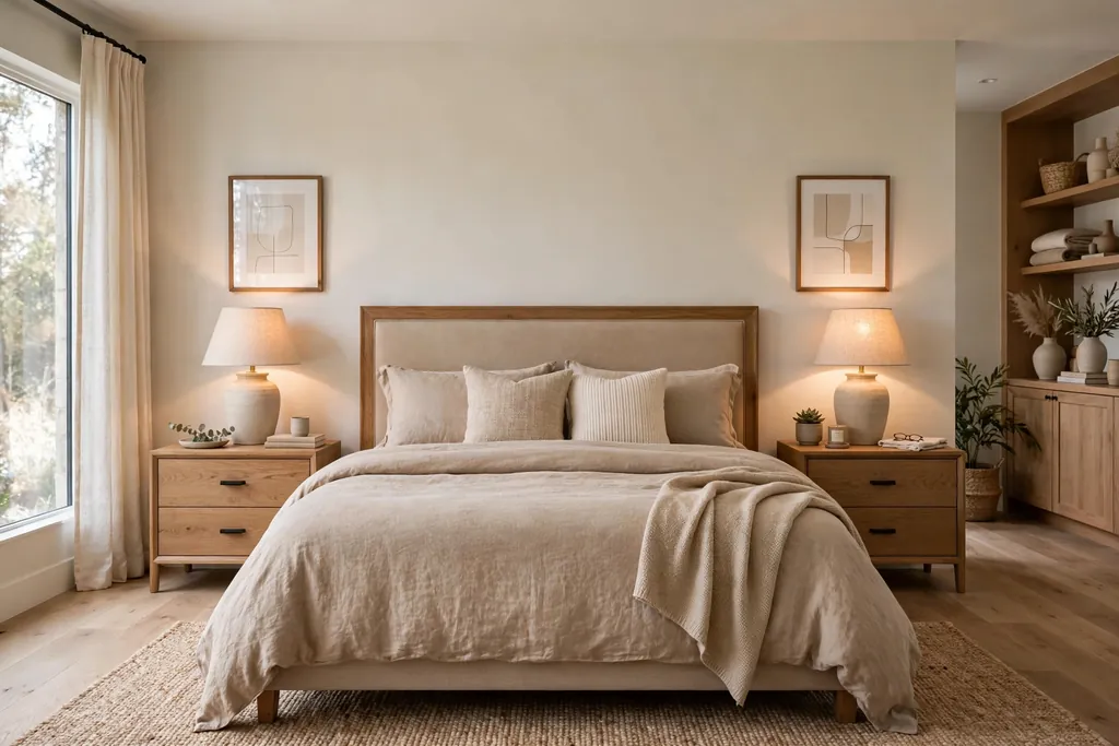 Bed with matching nightstands and lamps placed evenly on both sides.