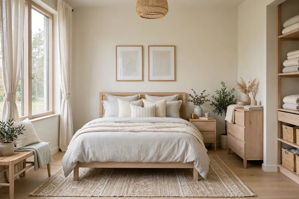 Bedroom with a calm cream and pale grey palette, layered bedding and light wood furniture.