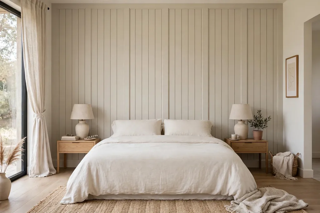 Paneled accent wall in a soft neutral color behind a bed with plain bedding.