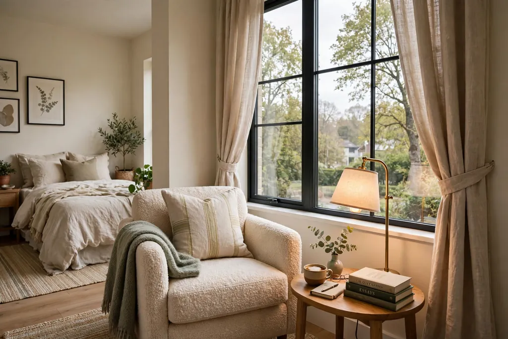 Bedroom reading corner with a chair, a small side table and a reading lamp by a window.