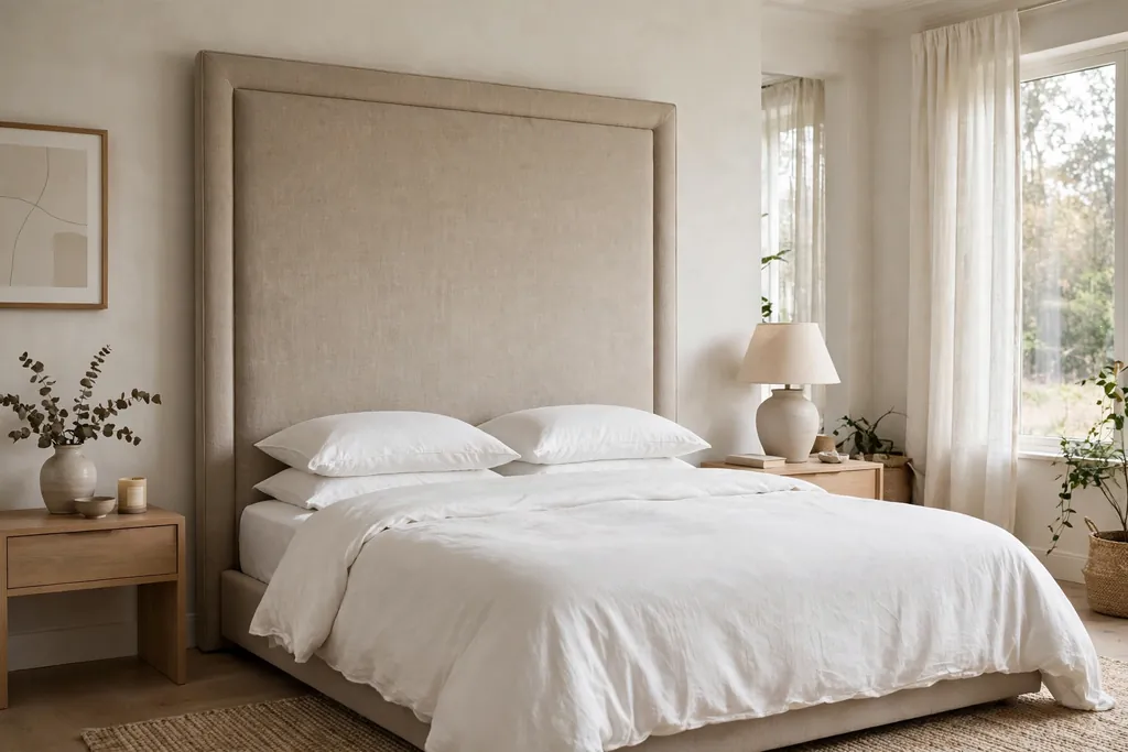 Tall linen upholstered headboard behind plain white bedding in a calm bedroom.