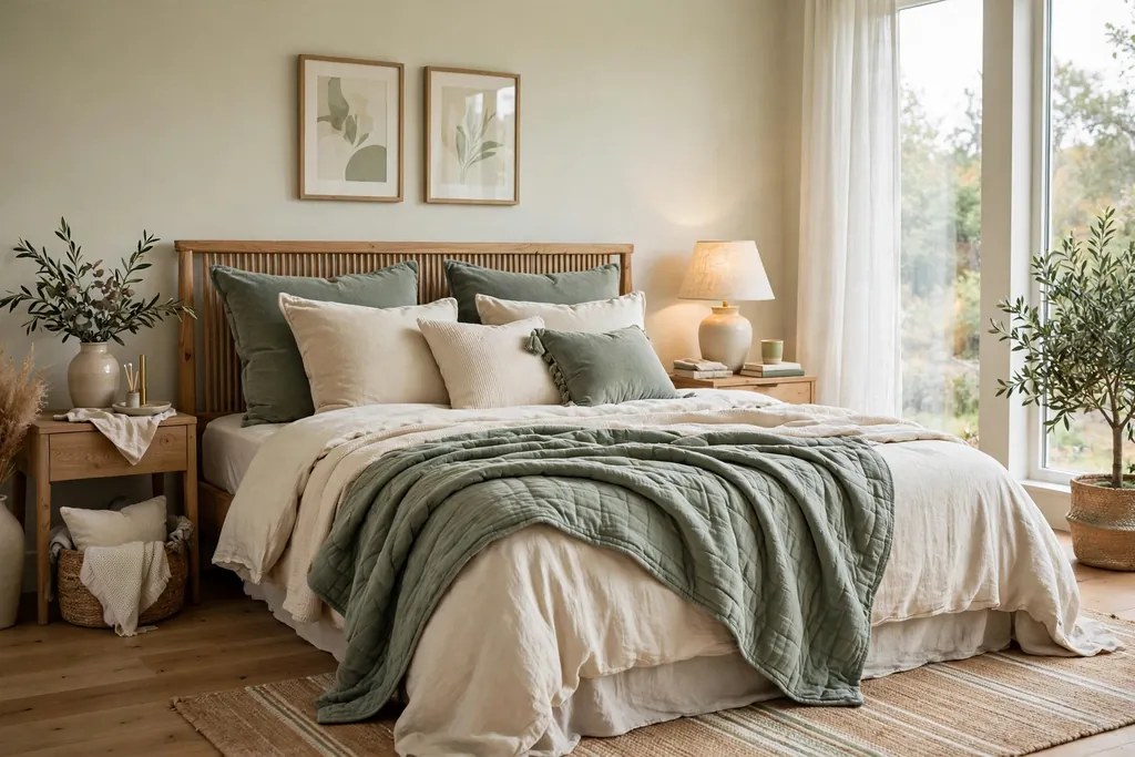 Bed with velvet cushions in cream and sage on layered bedding.