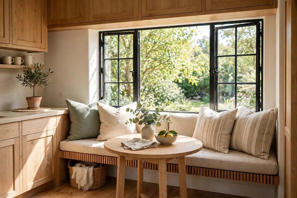 Kitchen banquette nook with a bench and a wood table by a window.