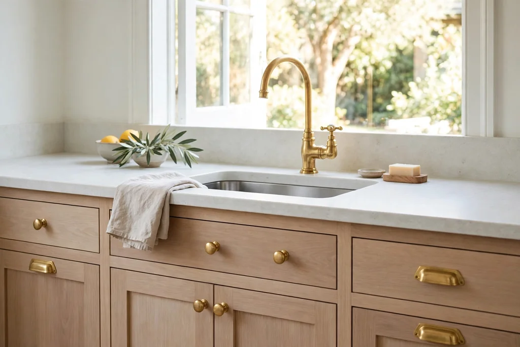 Kitchen sink with a brass tap and matching hardware.