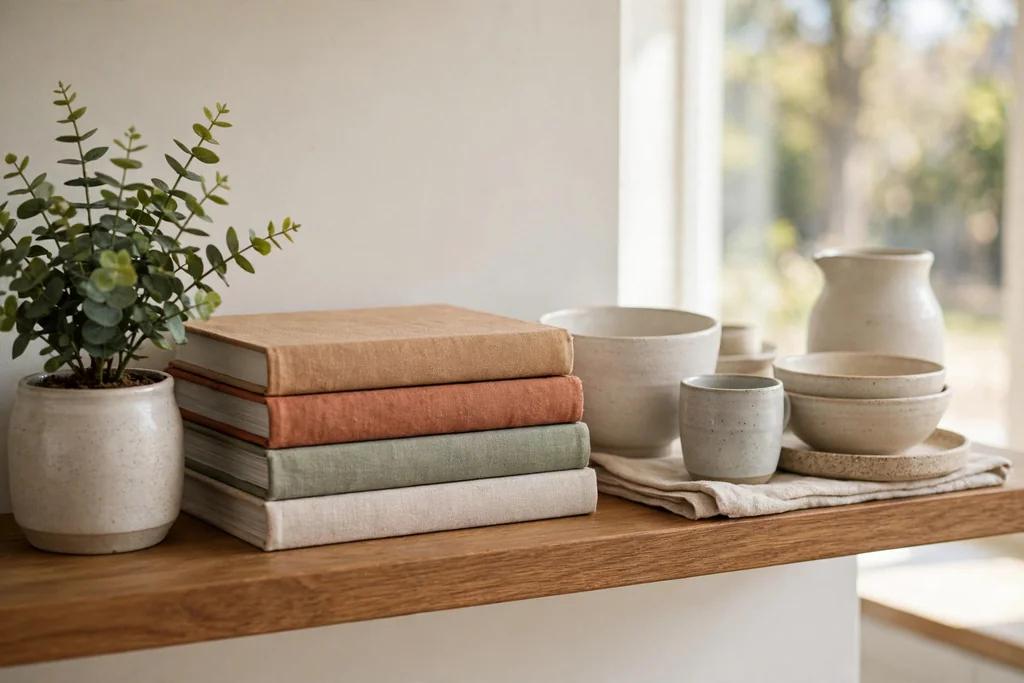 Kitchen shelf with ceramics, cookbooks, and a small plant.