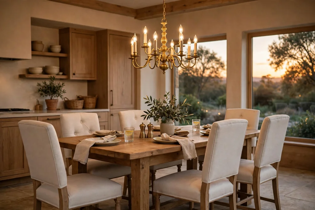 Chandelier over a kitchen dining table with cream chairs.