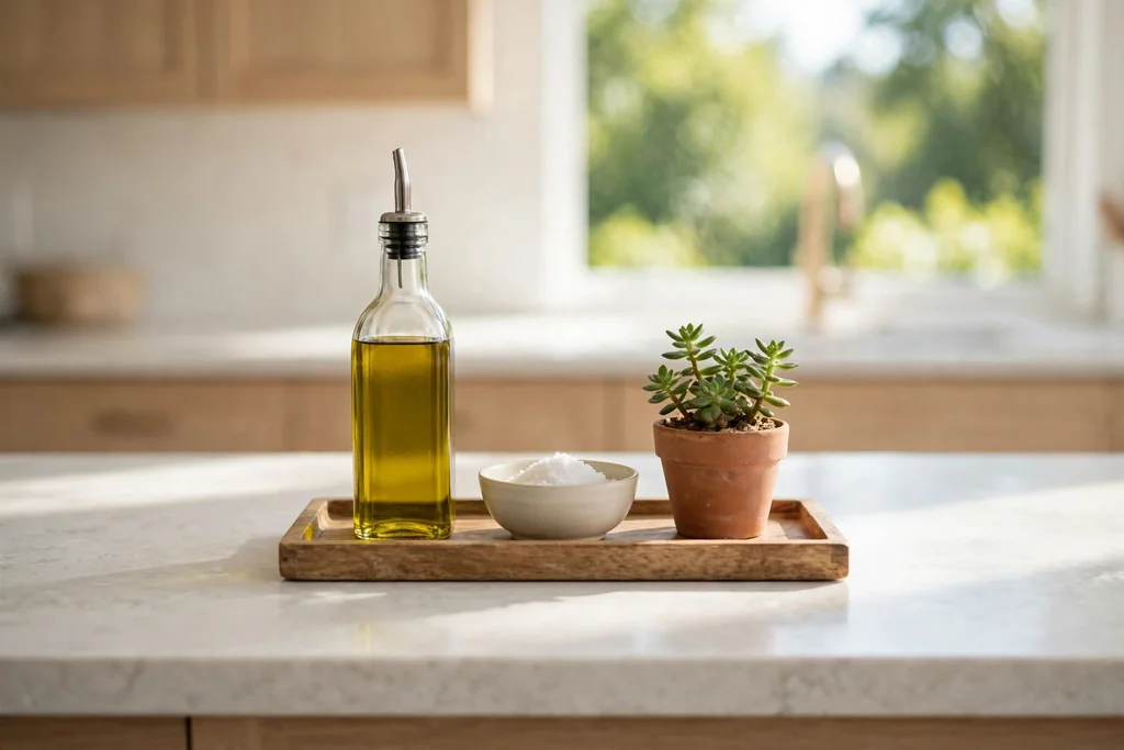 Clear kitchen counter with a wood tray holding oil and salt.