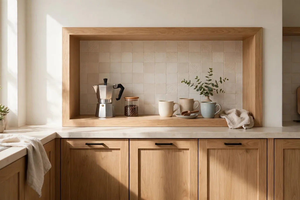 Kitchen coffee niche with a coffee pot and mugs.