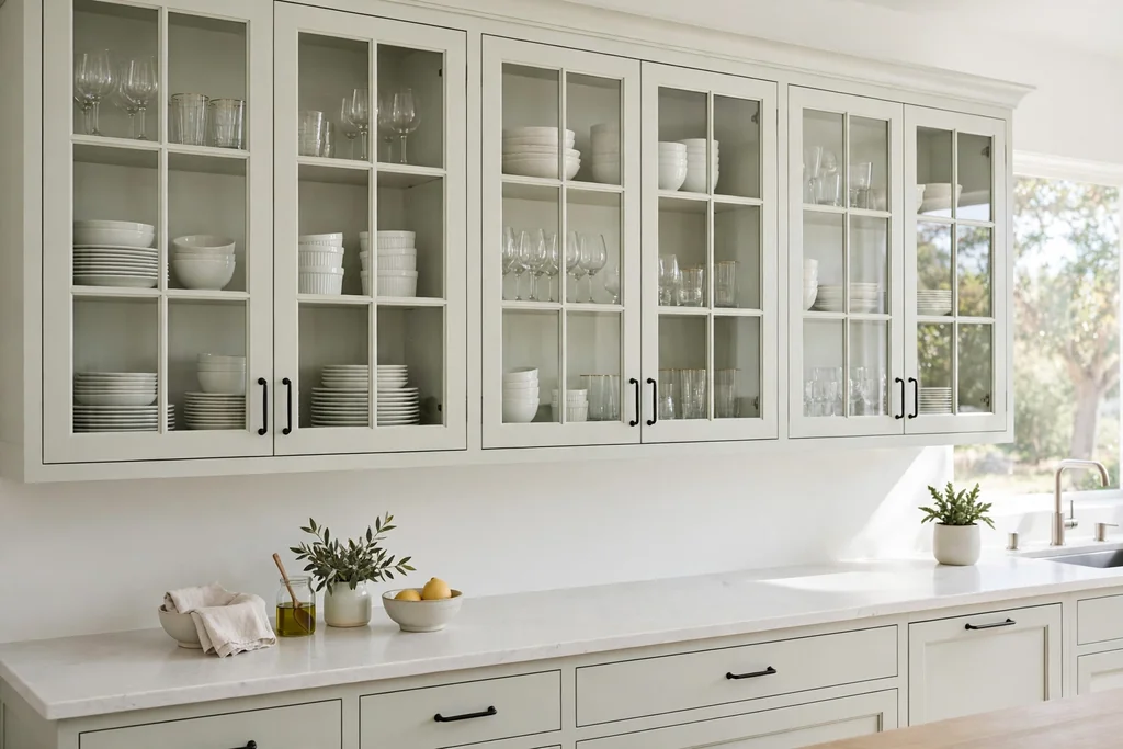 Glass front kitchen cabinets showing white dishes and glassware.