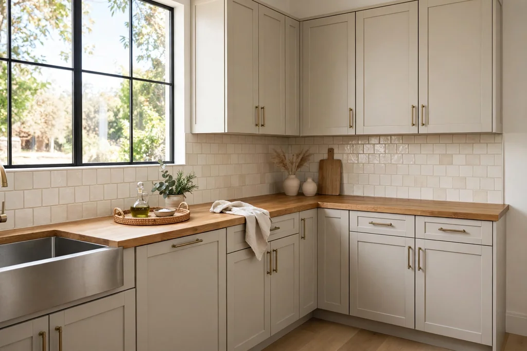 Greige kitchen cabinets with a warm wood countertop.